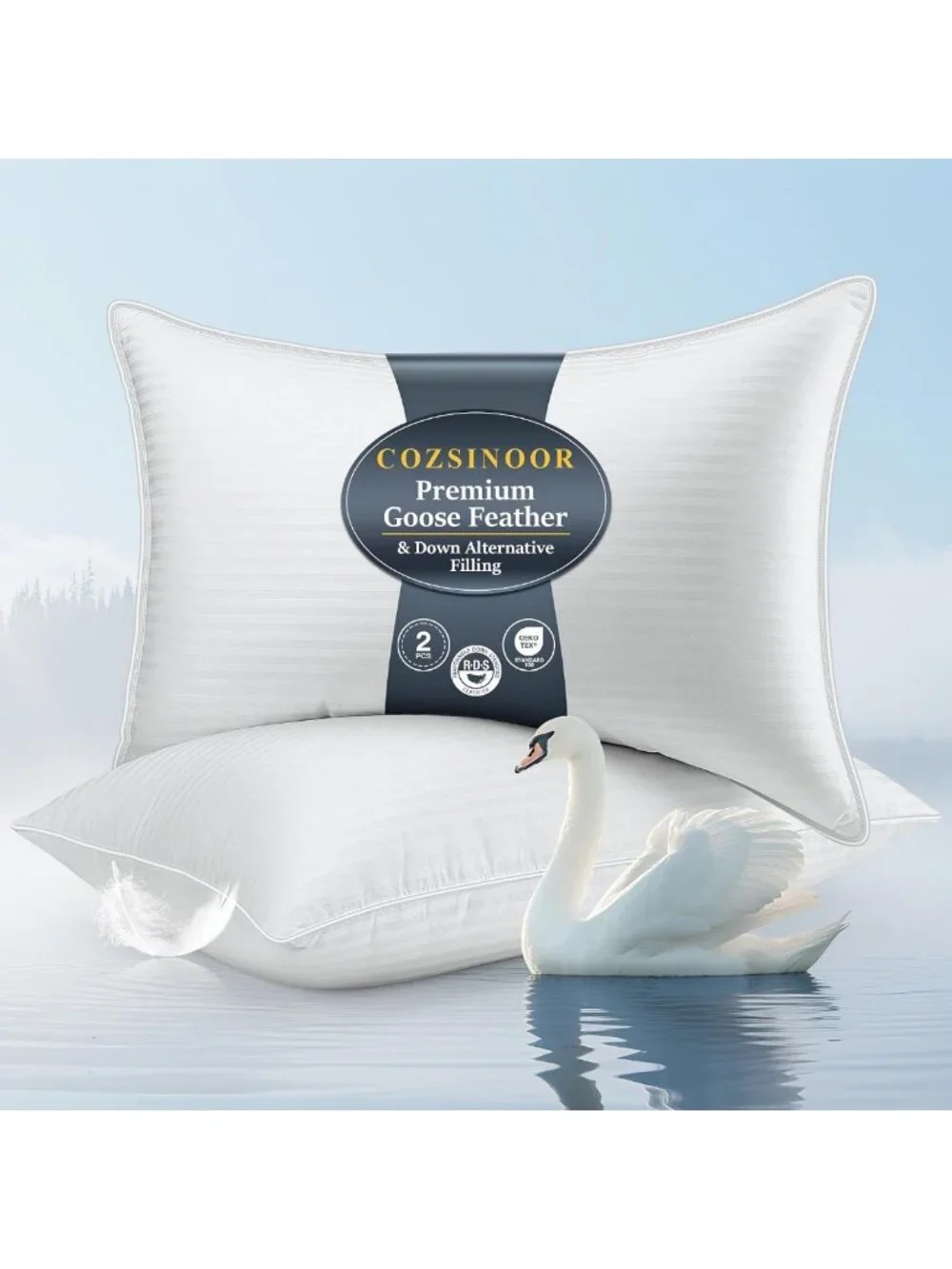 Queen Size Goose Down Feather Pillows Set of 2 - Soft, Luxurious Comfort